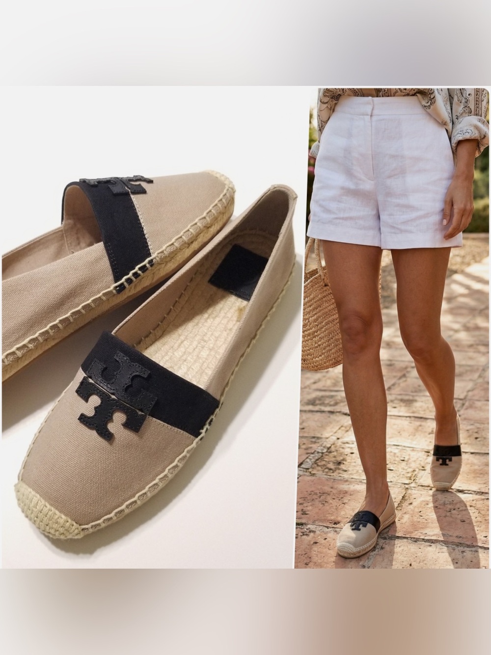 Tory Burch Ladies 9M Weston Beige Canvas Espadrilles with Black Logo Trim
